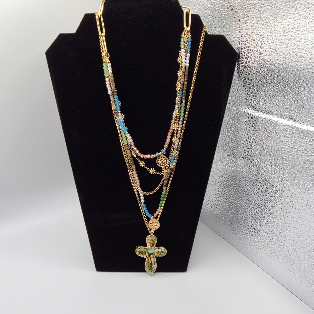 Boho Multi Strand Layered‎ Cross Pendant Necklace Gold Tone Beaded Daisy Floral